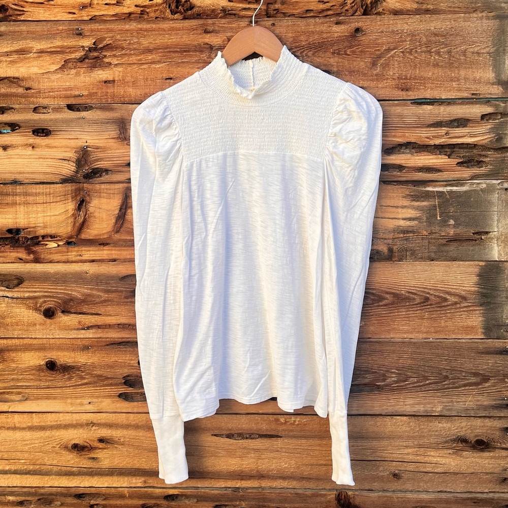 NATION LTD | Cream Off White Mock Neck Smocked Cottagecore Long Sleeve Top S